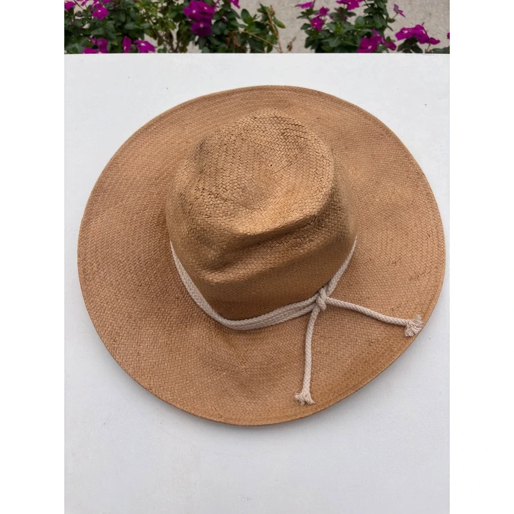 Gigi Pip Tan Straw Sun Hat Wide Brim Rope Band 59 M/L Summer Beach Hat